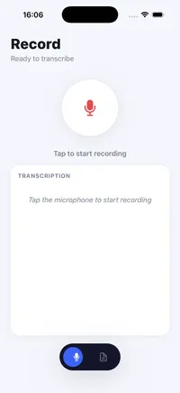 Whispr Notes — Transcription Vocale Temps Réel en Local — Écran d'enregistrement, prêt à transcrire